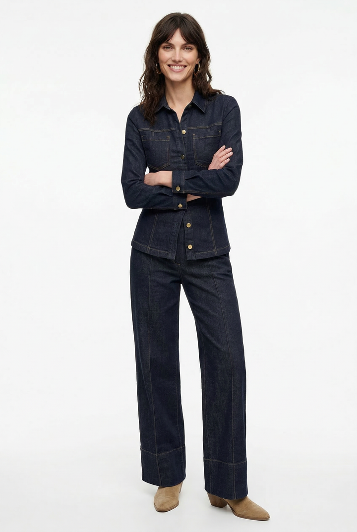 Denim Two-Piece Set with Tailored Button Jacket, Wide-Leg Pants, and Gold Hardware