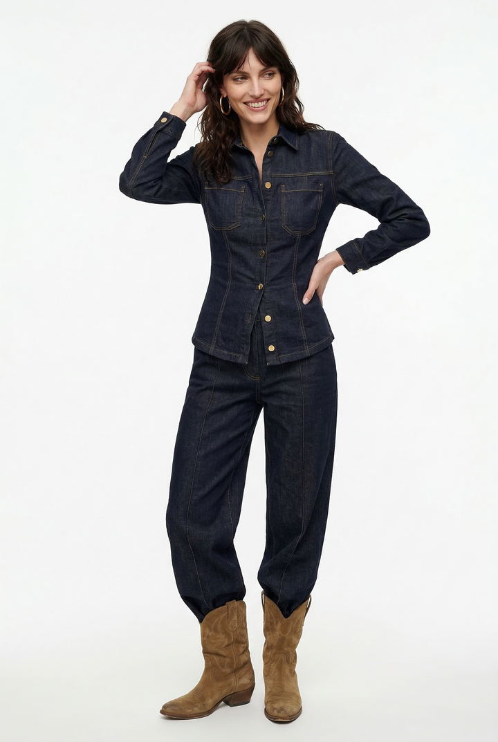 Denim Two-Piece Set with Tailored Button Jacket, Wide-Leg Pants, and Gold Hardware