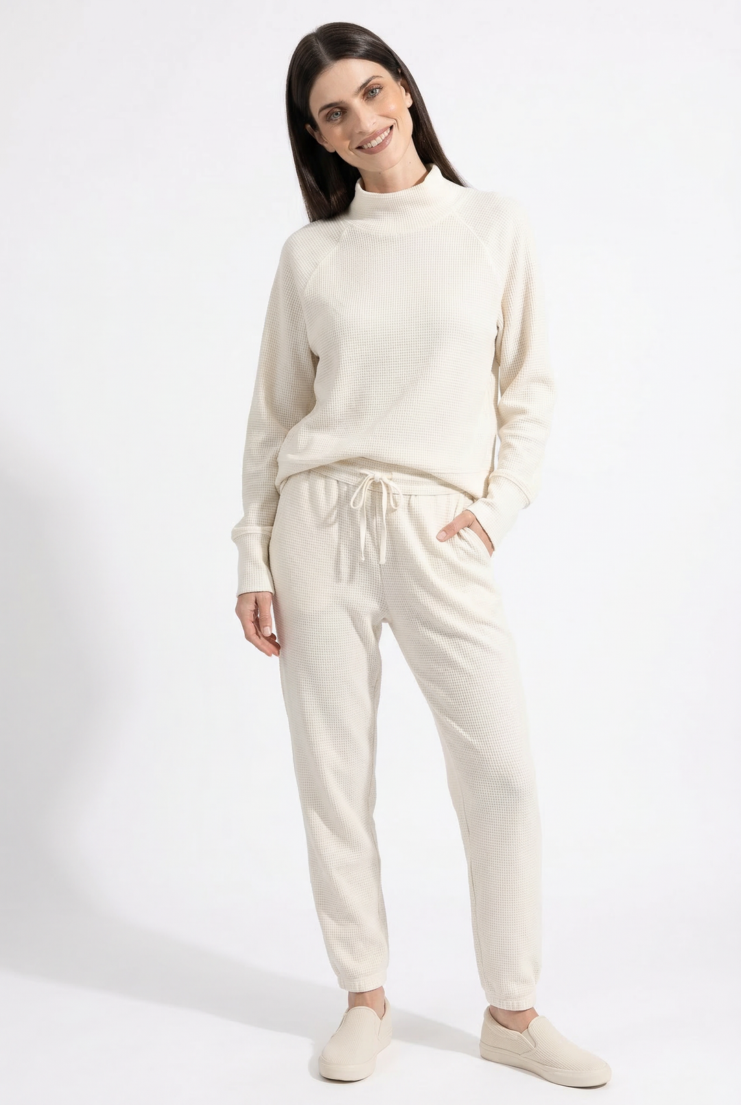 Waffle Knit Loungewear Set for Women, Soft Cotton Blend Top and Pants in White