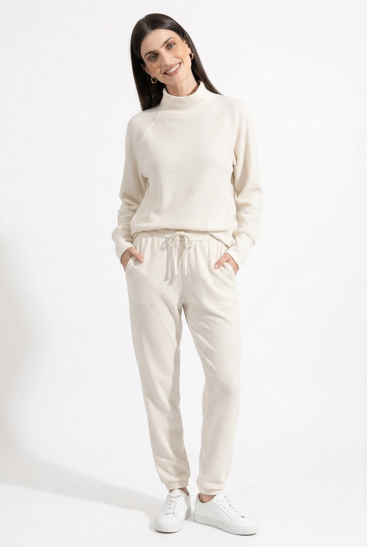Waffle Knit Loungewear Set for Women, Soft Cotton Blend Top and Pants in White