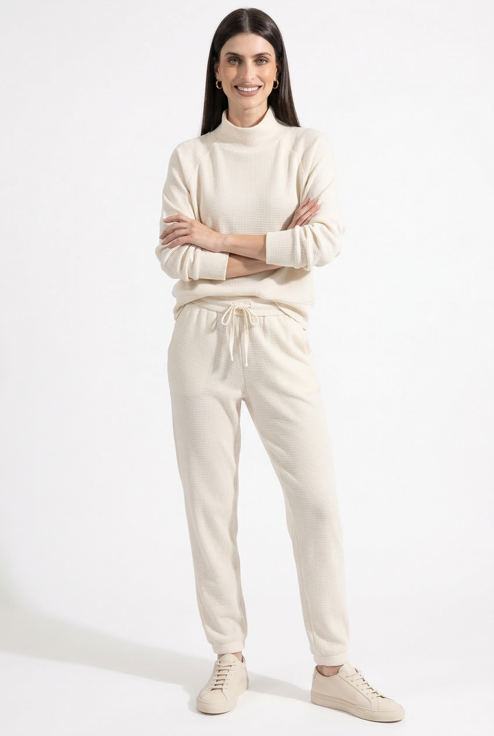Waffle Knit Loungewear Set for Women, Soft Cotton Blend Top and Pants in White