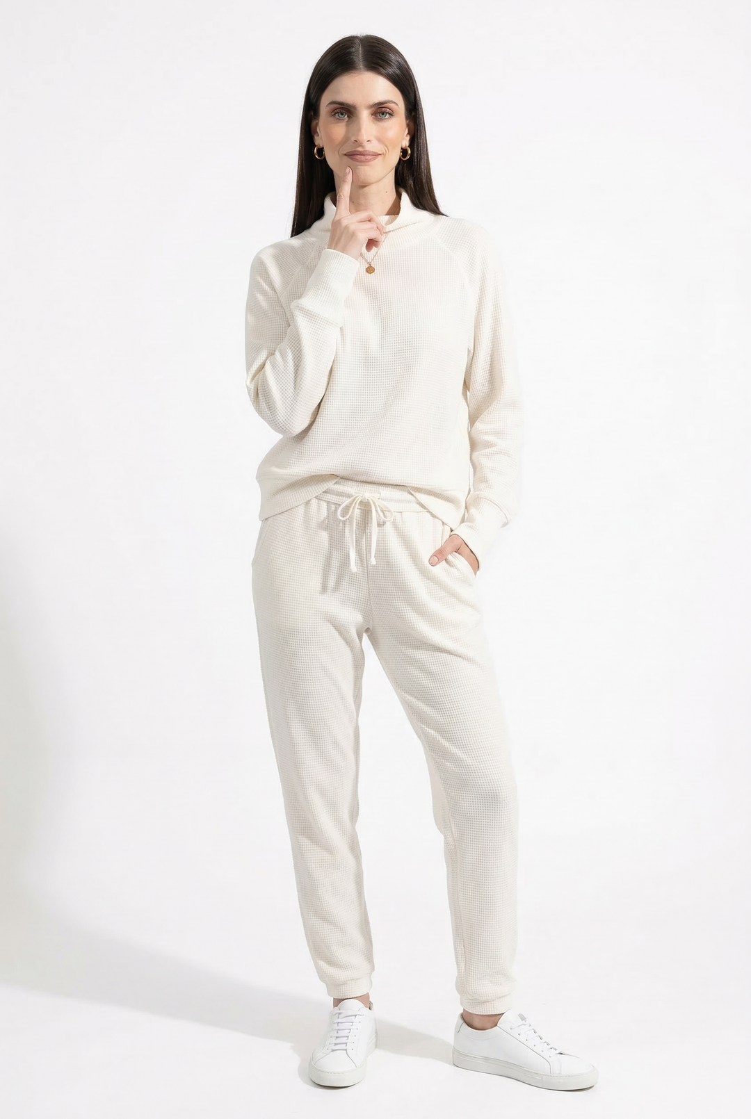 Waffle Knit Loungewear Set for Women, Soft Cotton Blend Top and Pants in White