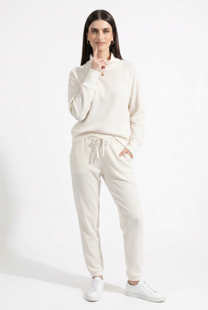 Waffle Knit Loungewear Set for Women, Soft Cotton Blend Top and Pants in White