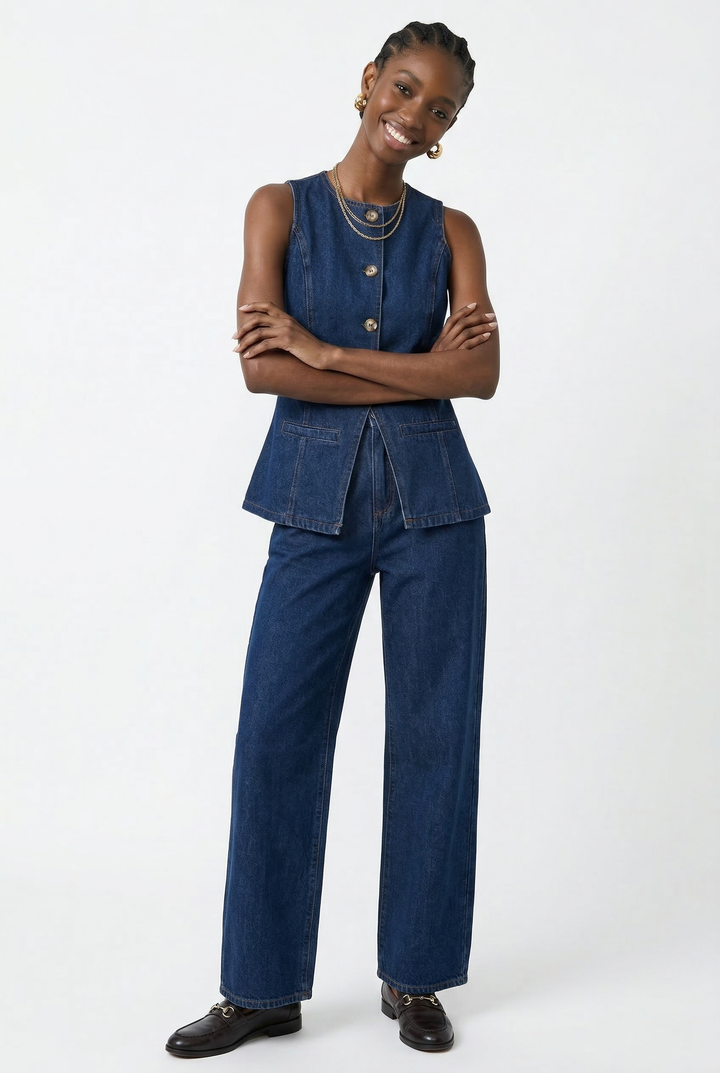 Denim Vest and Wide-Leg Shorts Set with Tortoise Buttons and High-Rise Cinched Waist