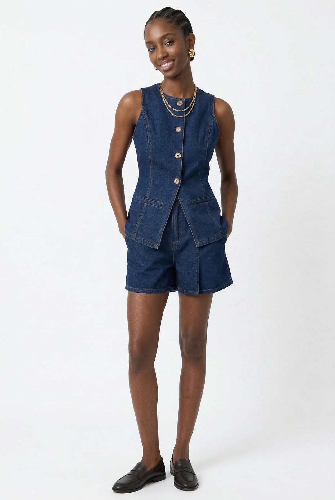 Denim Vest and Wide-Leg Shorts Set with Tortoise Buttons and High-Rise Cinched Waist