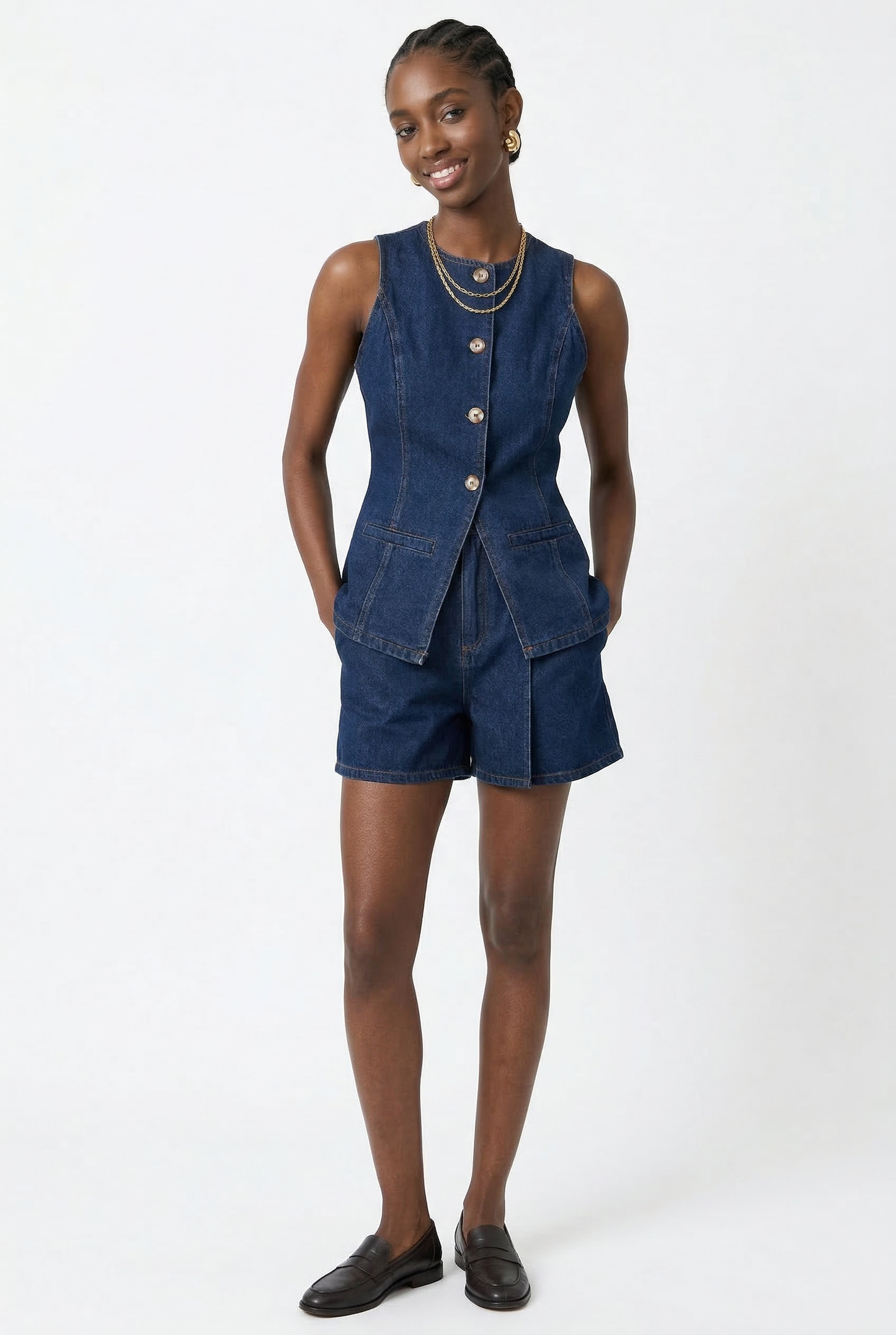 Denim Vest and Wide-Leg Shorts Set with Tortoise Buttons and High-Rise Cinched Waist