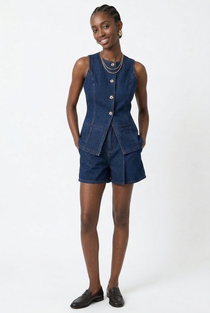 Denim Vest and Wide-Leg Shorts Set with Tortoise Buttons and High-Rise Cinched Waist