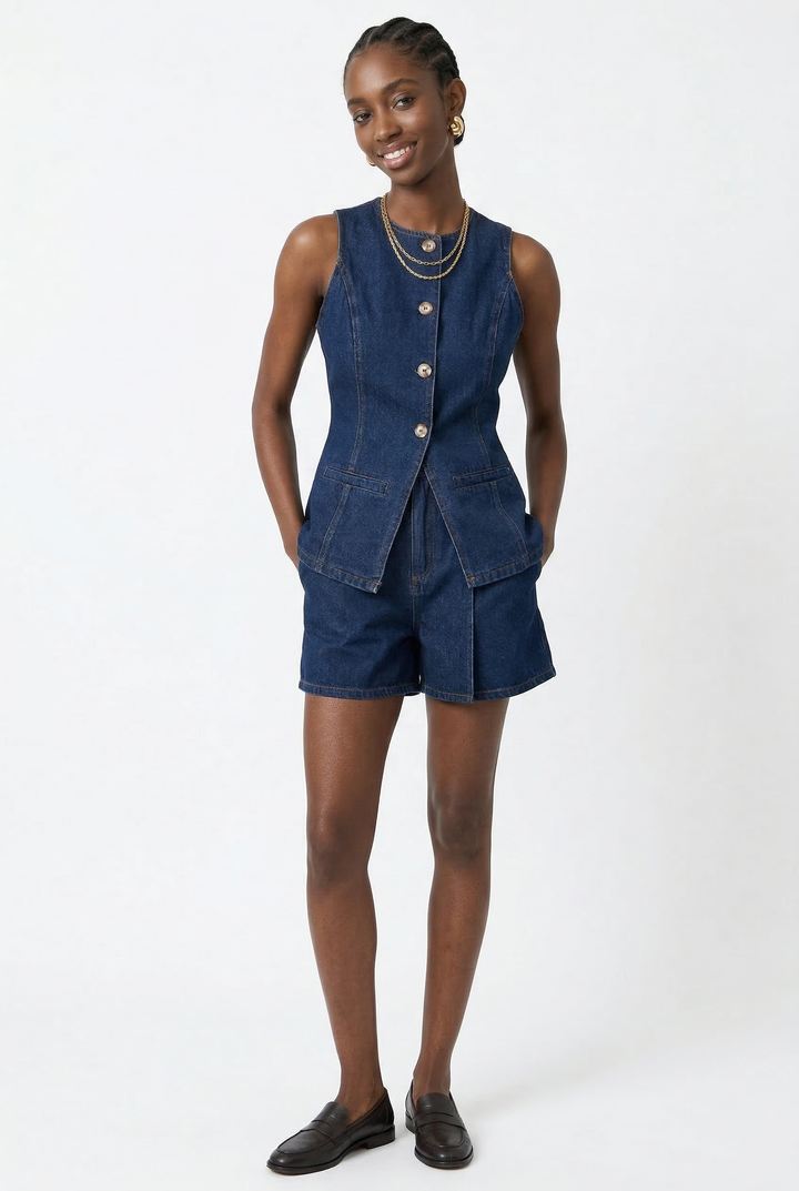 Denim Vest and Wide-Leg Shorts Set with Tortoise Buttons and High-Rise Cinched Waist