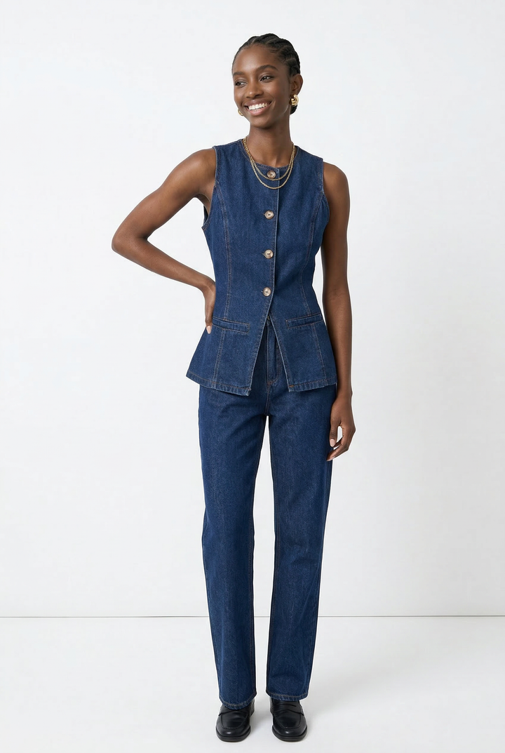 Denim Vest and Wide-Leg Shorts Set with Tortoise Buttons and High-Rise Cinched Waist