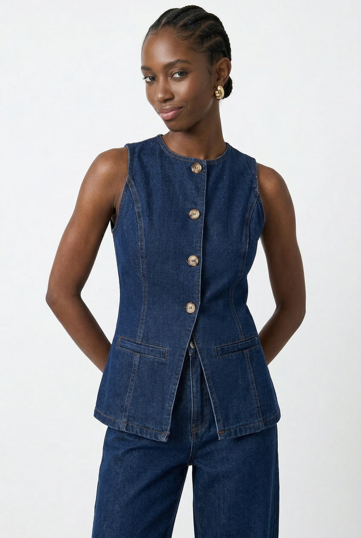 Denim Vest and Wide-Leg Shorts Set with Tortoise Buttons and High-Rise Cinched Waist