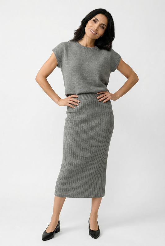 Ribbed Sleeveless Two-Piece Knit Set with Fitted Stretch Silhouette in Soft Gray