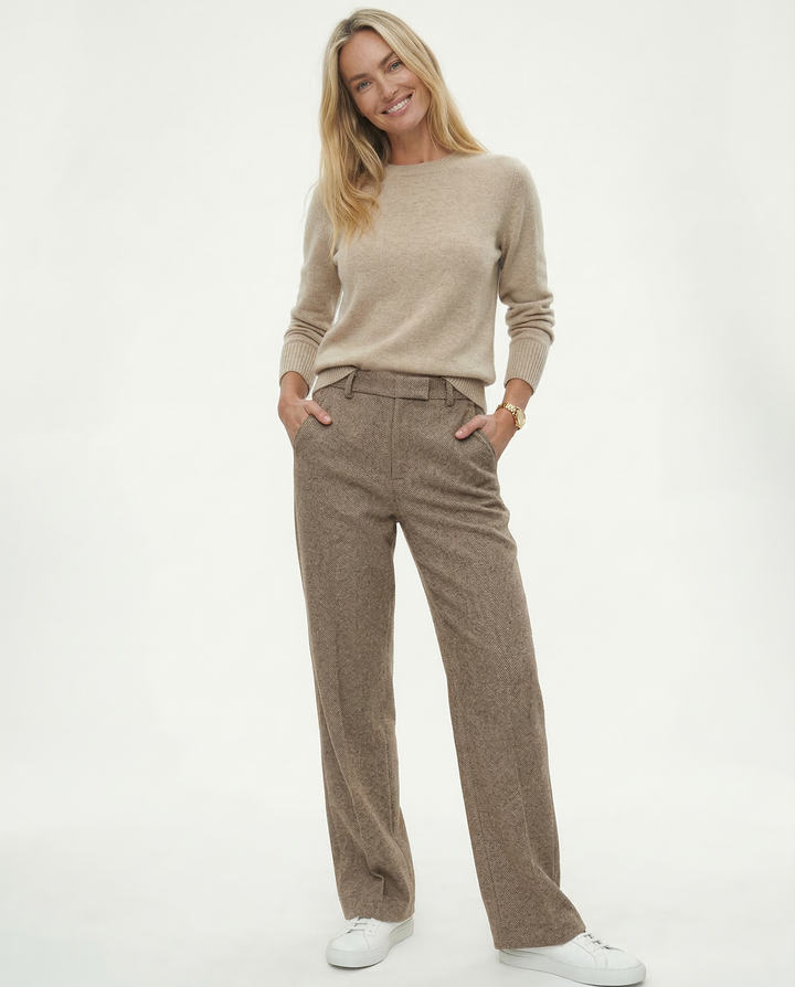 Trousers in Wool Blend, Straight-Leg High-Waist Fit, Non-Stretch, Camel