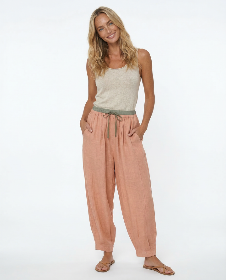 Linen Trousers in Soft Pink with High-Stretch Waist and Relaxed Tapered Fit