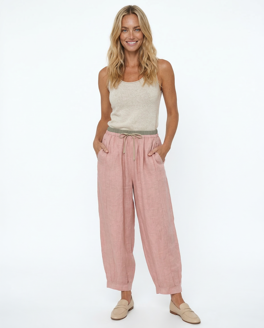Linen Trousers in Soft Pink with High-Stretch Waist and Relaxed Tapered Fit
