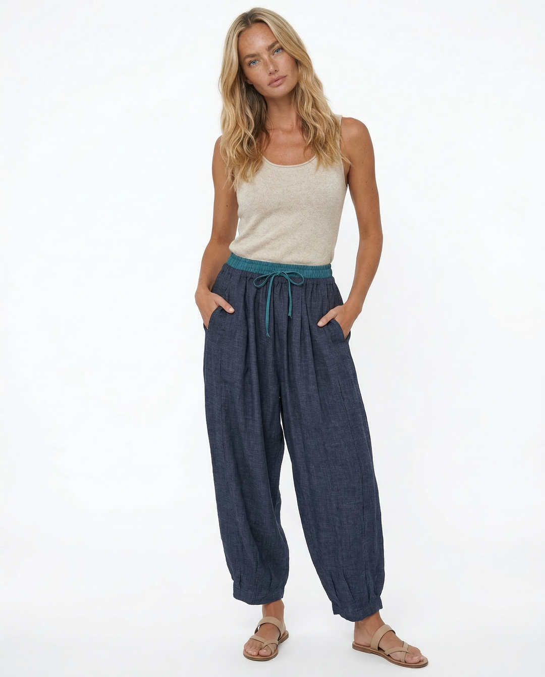 Linen Trousers in Soft Pink with High-Stretch Waist and Relaxed Tapered Fit