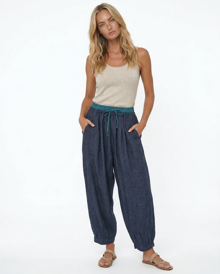 Linen Trousers in Soft Pink with High-Stretch Waist and Relaxed Tapered Fit