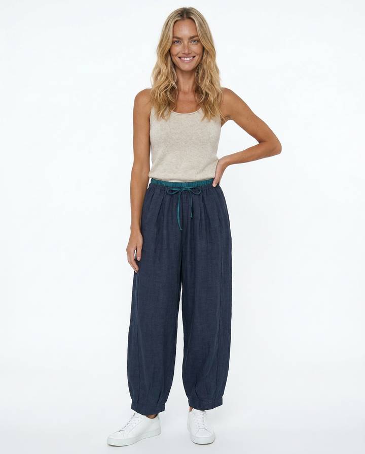 Linen Trousers in Soft Pink with High-Stretch Waist and Relaxed Tapered Fit