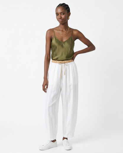 Linen Trousers in Soft Pink with High-Stretch Waist and Relaxed Tapered Fit
