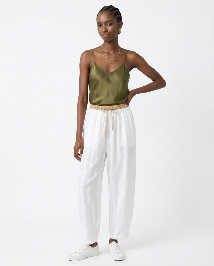 Linen Trousers in Soft Pink with High-Stretch Waist and Relaxed Tapered Fit