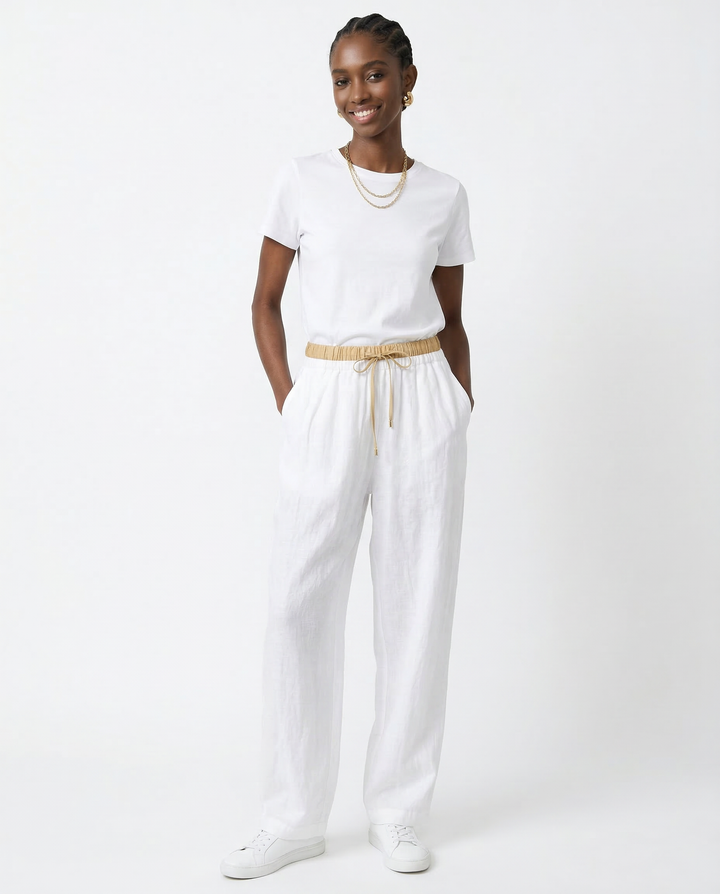 Linen Trousers in Soft Pink with High-Stretch Waist and Relaxed Tapered Fit