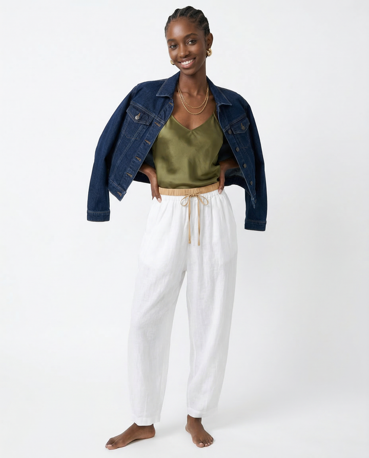 Linen Trousers in Soft Pink with High-Stretch Waist and Relaxed Tapered Fit