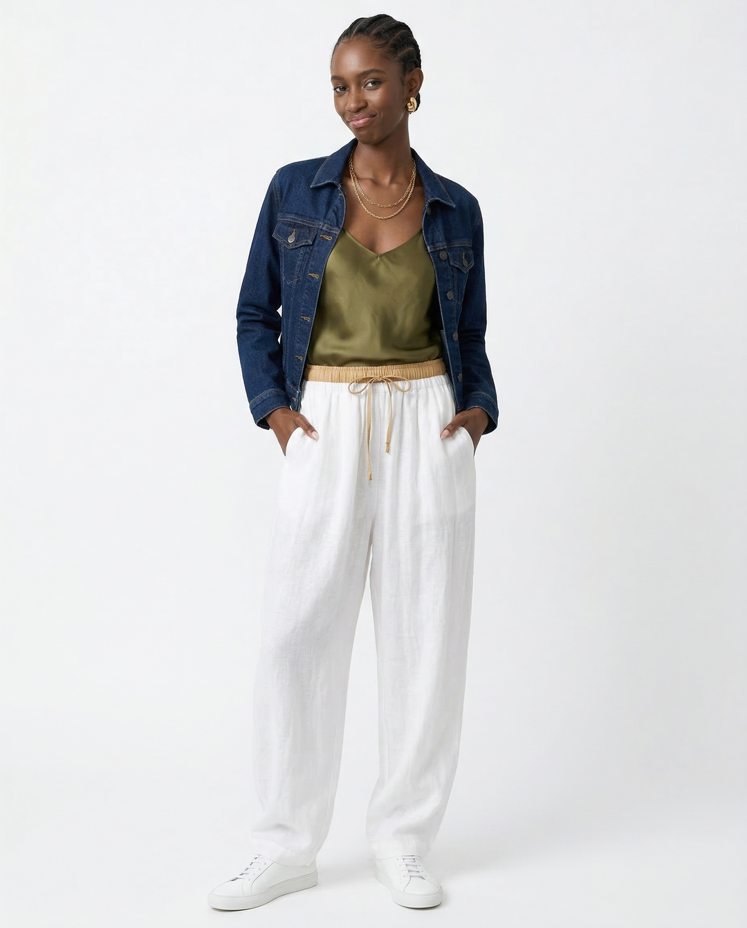 Linen Trousers in Soft Pink with High-Stretch Waist and Relaxed Tapered Fit