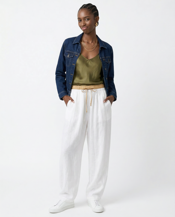 Linen Trousers in Soft Pink with High-Stretch Waist and Relaxed Tapered Fit