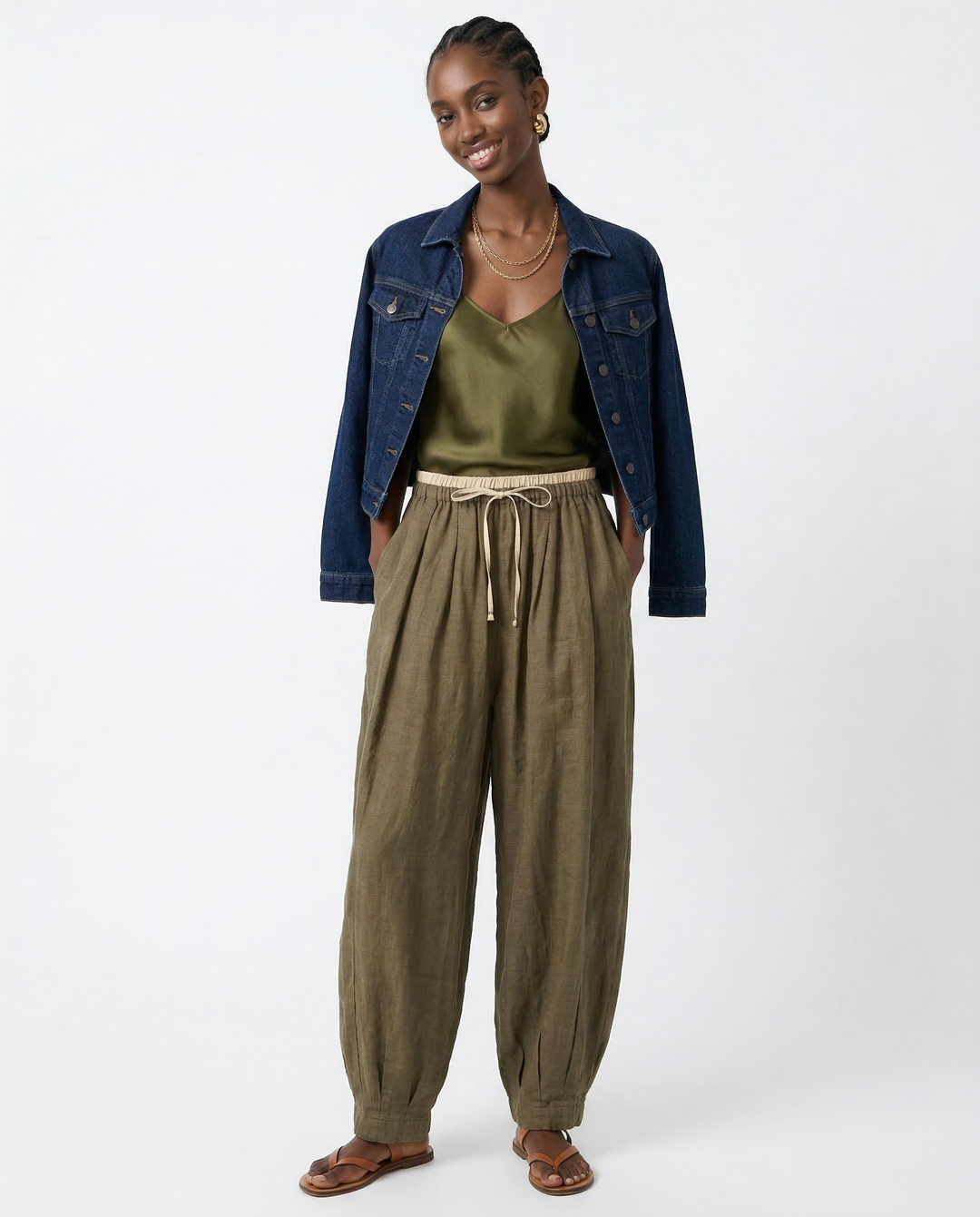 Linen Trousers in Soft Pink with High-Stretch Waist and Relaxed Tapered Fit
