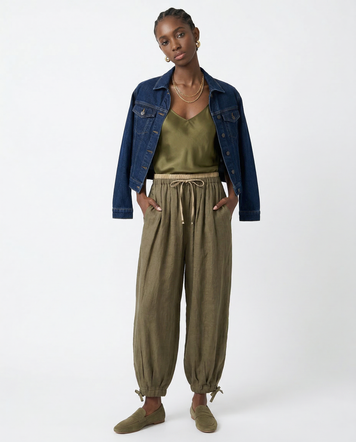 Linen Trousers in Soft Pink with High-Stretch Waist and Relaxed Tapered Fit