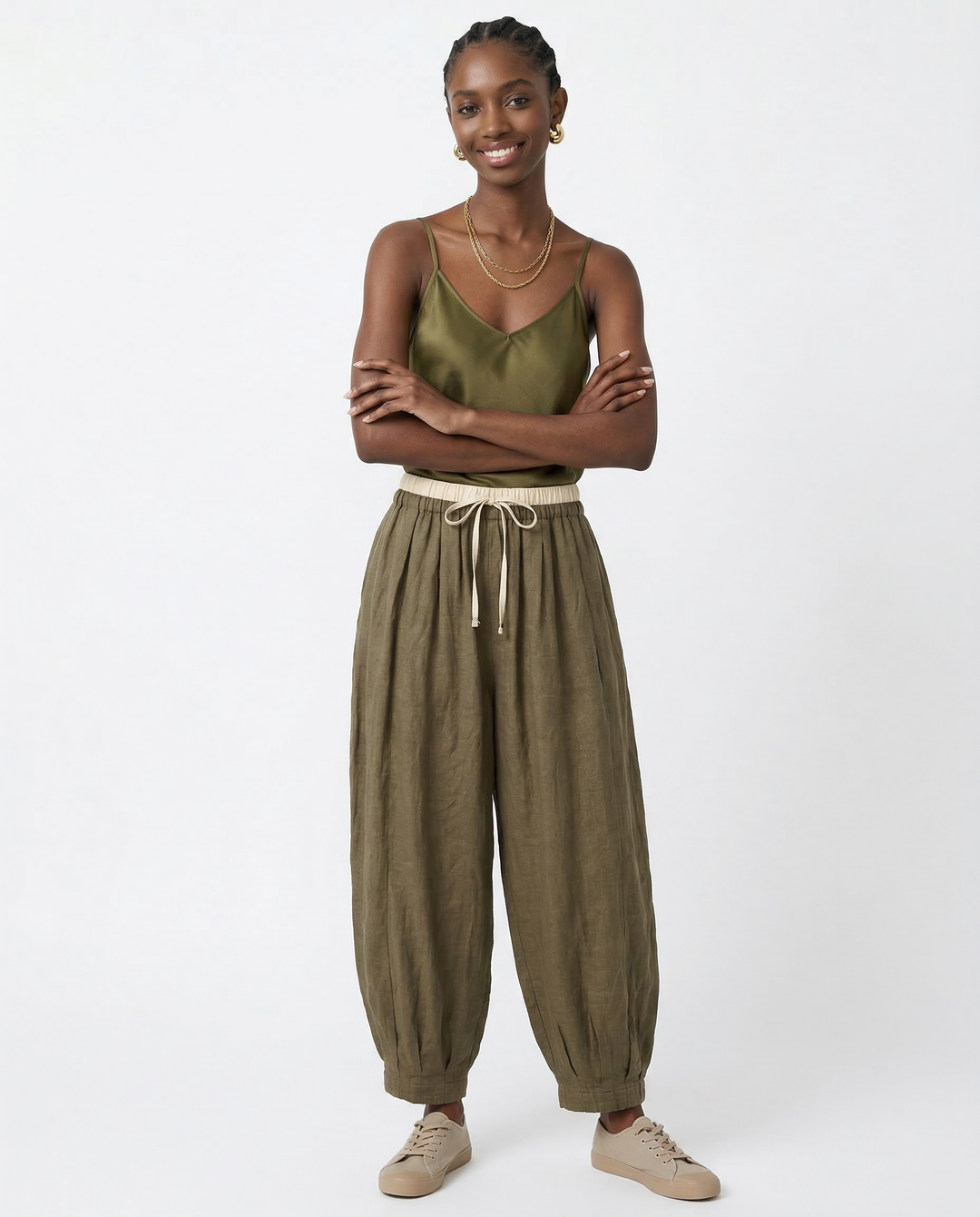 Linen Trousers in Soft Pink with High-Stretch Waist and Relaxed Tapered Fit