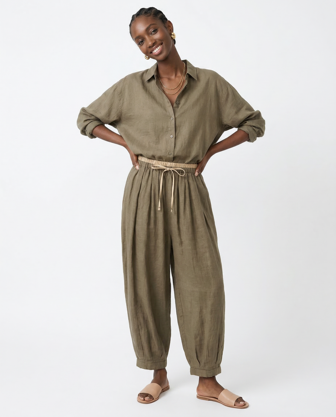 Linen Trousers in Soft Pink with High-Stretch Waist and Relaxed Tapered Fit
