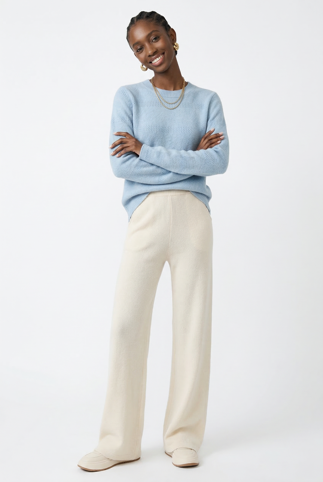 Wide-Leg Pants in 100% Merino Wool with High-Waist Elastic Fit and Side Pockets