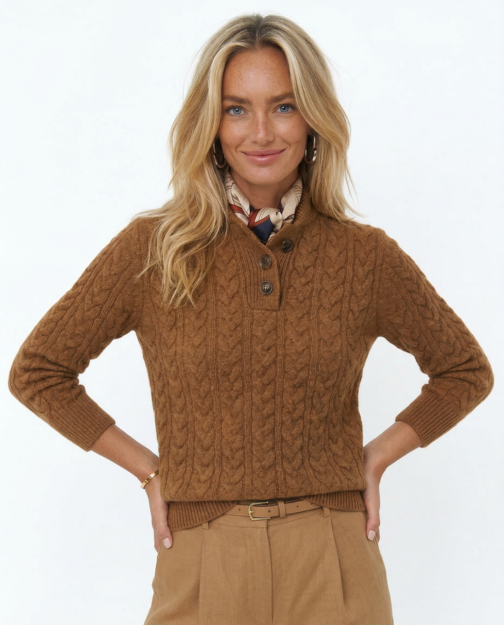 Cable-Knit Sweater with Cashmere Blend, Button-Up Stand Collar and Snug Fit