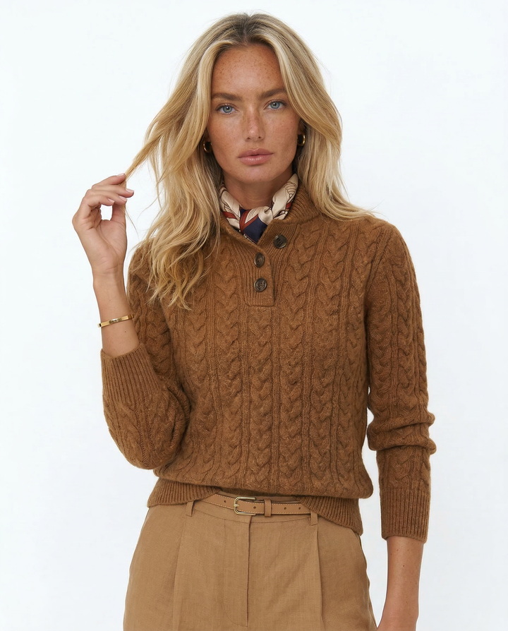 Cable-Knit Sweater with Cashmere Blend, Button-Up Stand Collar and Snug Fit