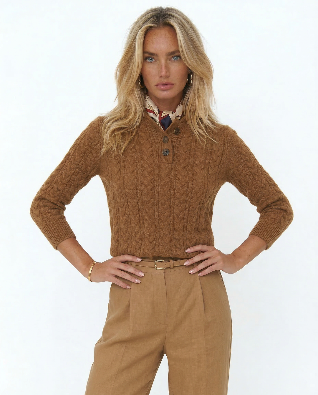 Cable-Knit Sweater with Cashmere Blend, Button-Up Stand Collar and Snug Fit