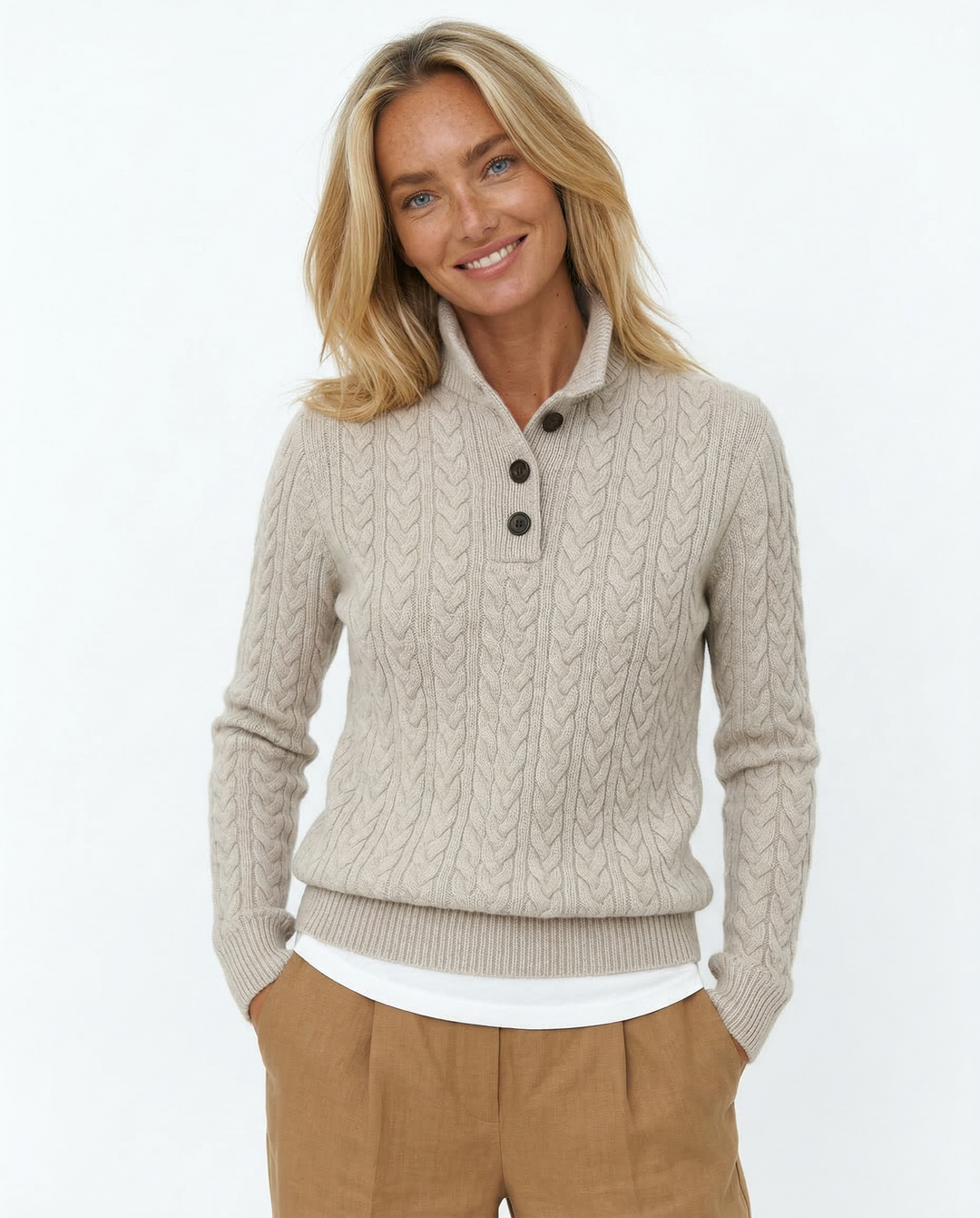 Cable-Knit Sweater with Cashmere Blend, Button-Up Stand Collar and Snug Fit