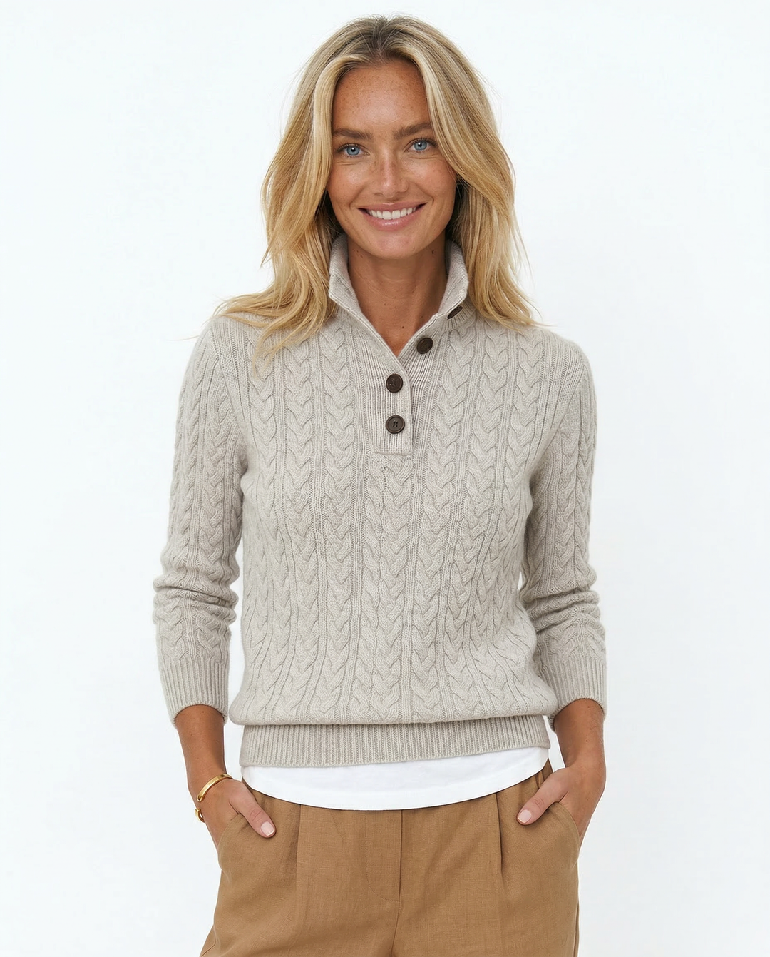 Cable-Knit Sweater with Cashmere Blend, Button-Up Stand Collar and Snug Fit