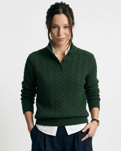 Cable-Knit Sweater with Cashmere Blend, Button-Up Stand Collar and Snug Fit