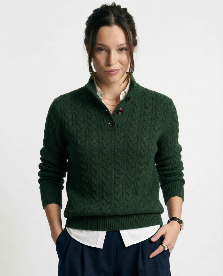 Cable-Knit Sweater with Cashmere Blend, Button-Up Stand Collar and Snug Fit
