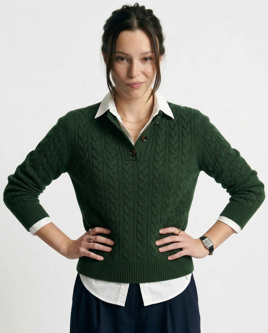 Cable-Knit Sweater with Cashmere Blend, Button-Up Stand Collar and Snug Fit