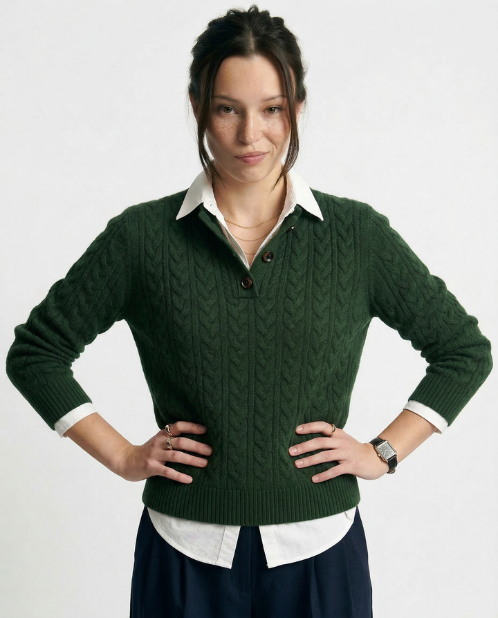 Cable-Knit Sweater with Cashmere Blend, Button-Up Stand Collar and Snug Fit