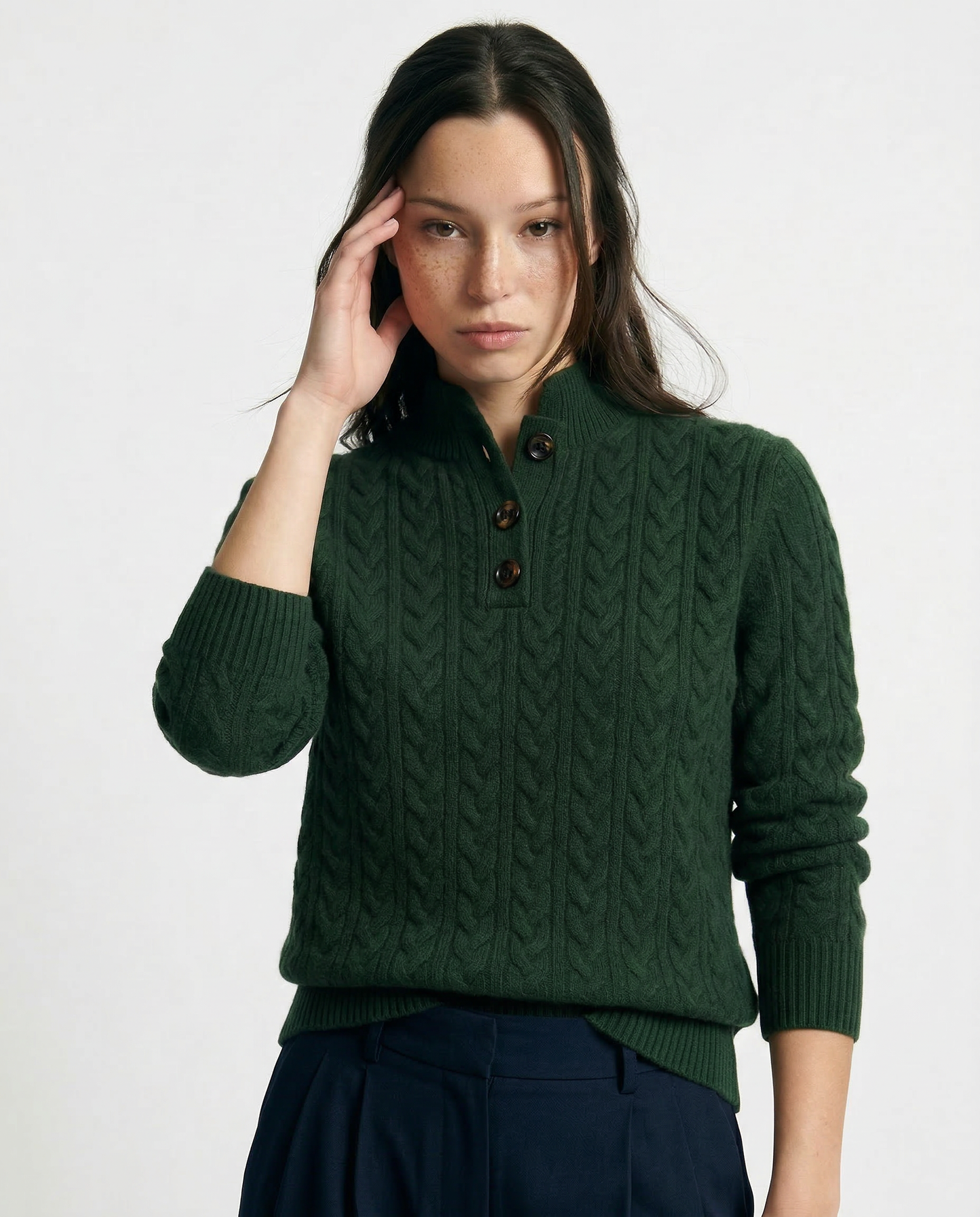 Cable-Knit Sweater with Cashmere Blend, Button-Up Stand Collar and Snug Fit