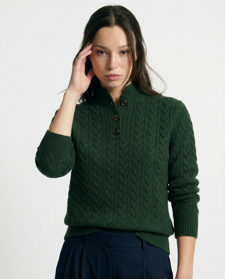 Cable-Knit Sweater with Cashmere Blend, Button-Up Stand Collar and Snug Fit