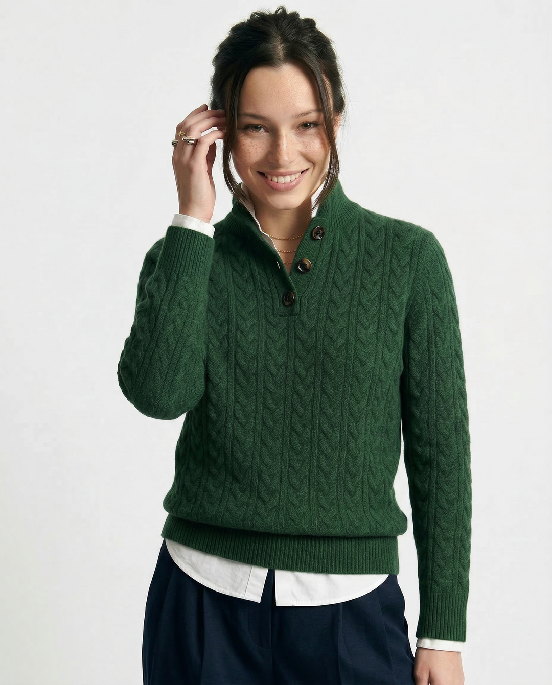 Cable-Knit Sweater with Cashmere Blend, Button-Up Stand Collar and Snug Fit