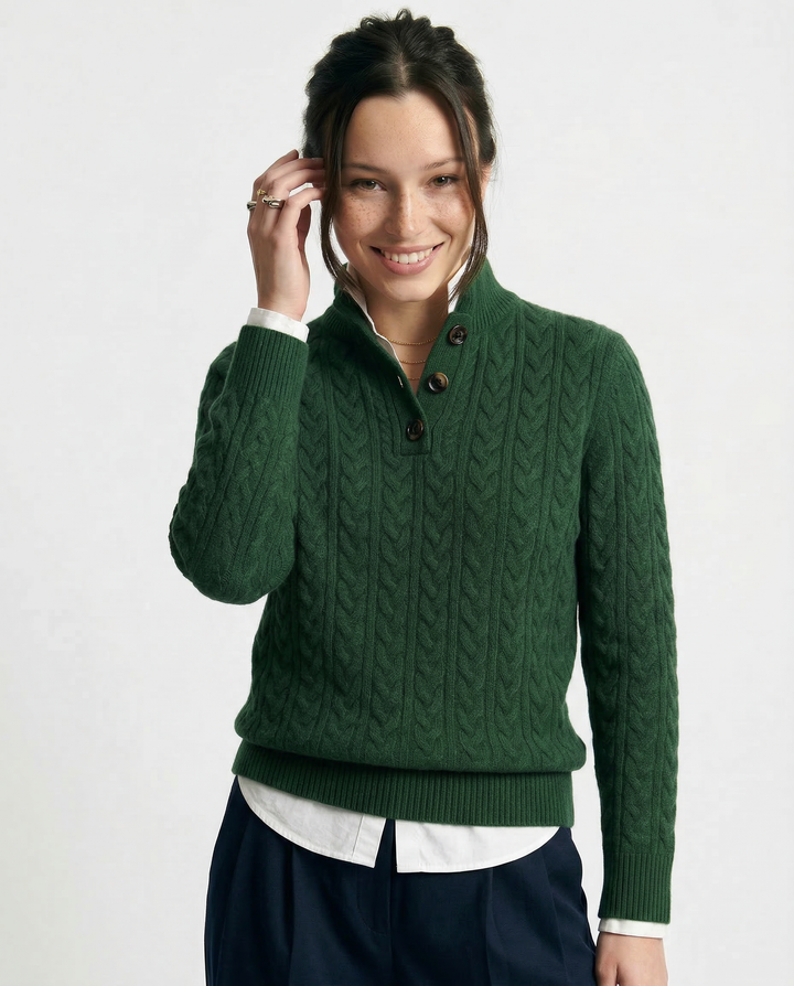Cable-Knit Sweater with Cashmere Blend, Button-Up Stand Collar and Snug Fit