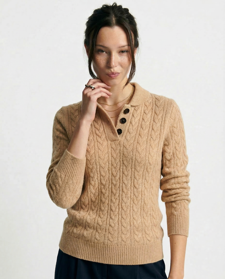 Cable-Knit Sweater with Cashmere Blend, Button-Up Stand Collar and Snug Fit