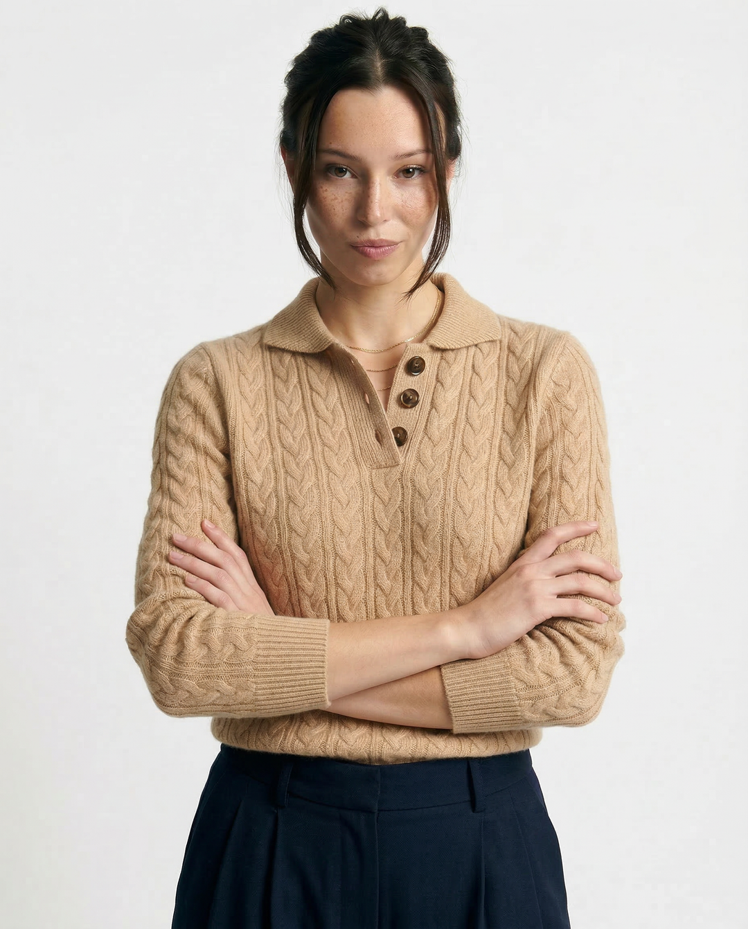 Cable-Knit Sweater with Cashmere Blend, Button-Up Stand Collar and Snug Fit