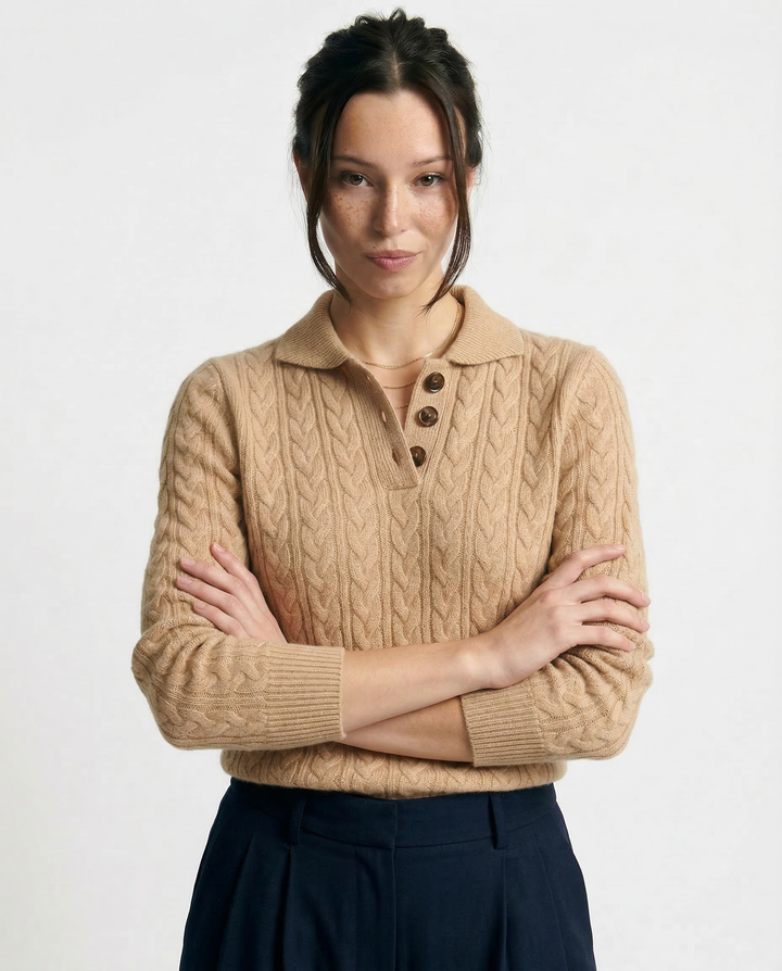 Cable-Knit Sweater with Cashmere Blend, Button-Up Stand Collar and Snug Fit