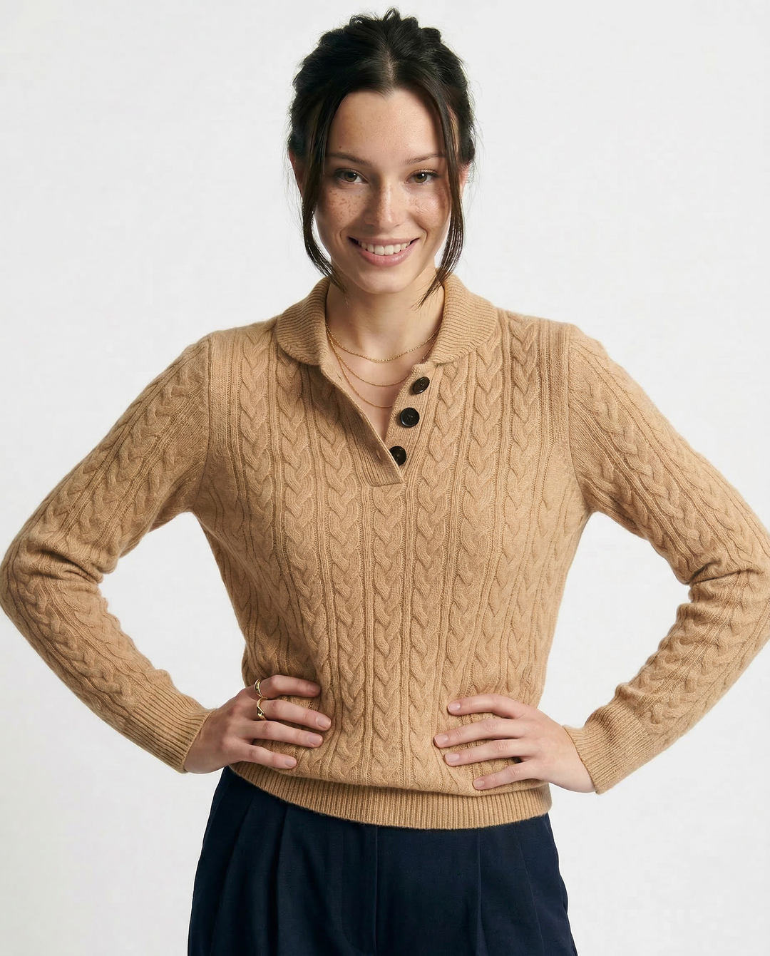 Cable-Knit Sweater with Cashmere Blend, Button-Up Stand Collar and Snug Fit