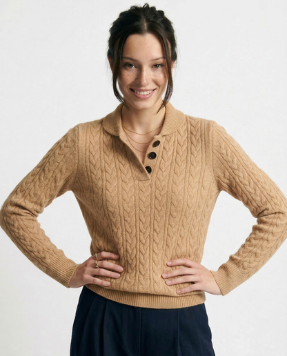 Cable-Knit Sweater with Cashmere Blend, Button-Up Stand Collar and Snug Fit